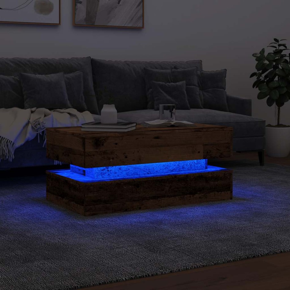 Mesa de centro con luces LED madera envejecida 90x50x40