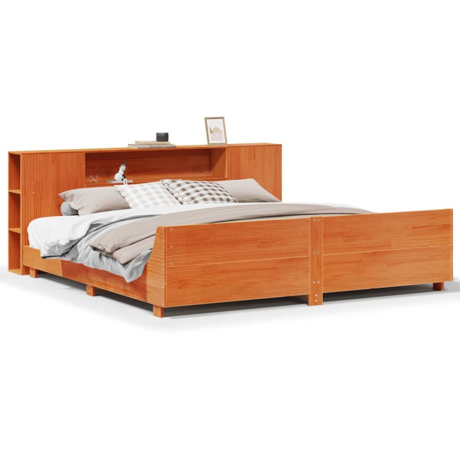 Cama sin colchón madera maciza de pino marrón cera 180x200