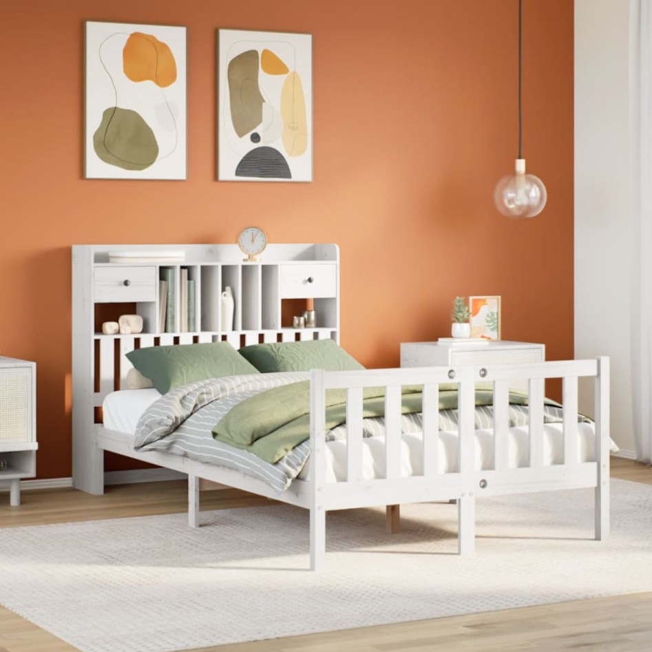 Cama con estantería sin colchón madera maciza blanca 135x190