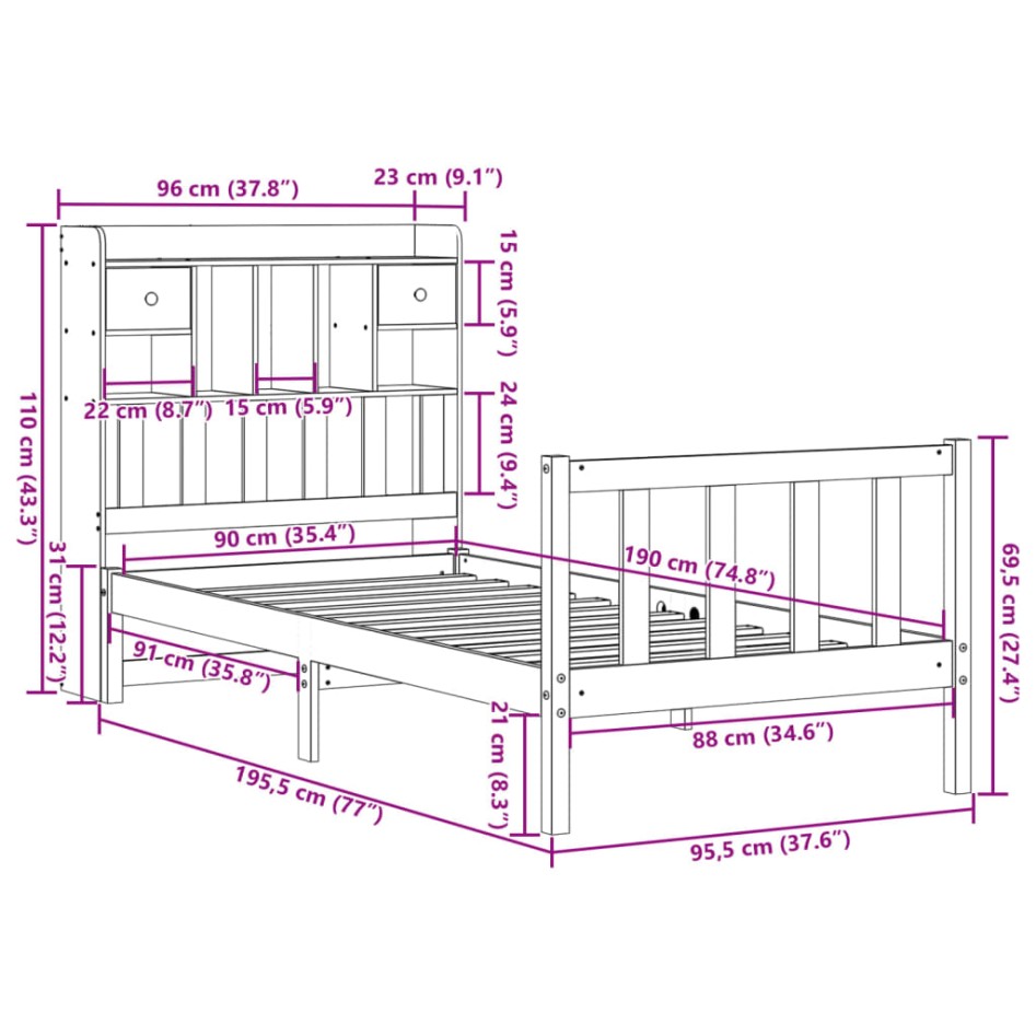 Cama con estantería sin colchón madera maciza de pino 90x190