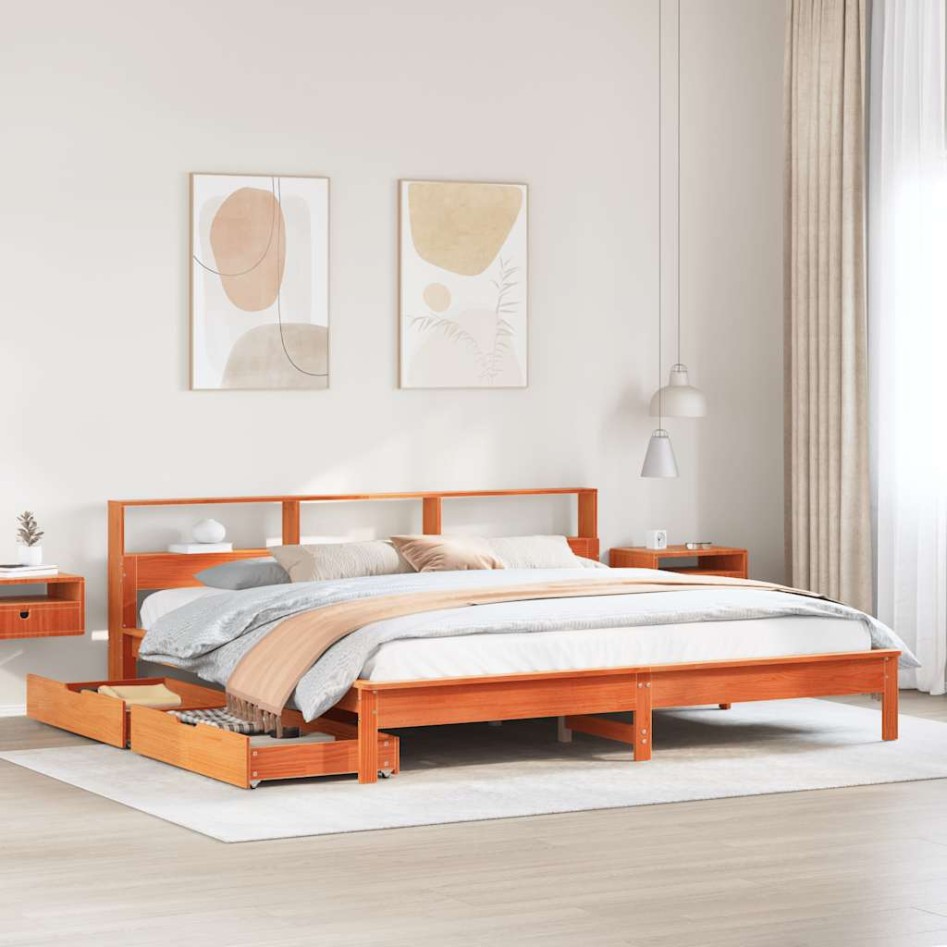 Cama con estantería sin colchón madera maciza marrón