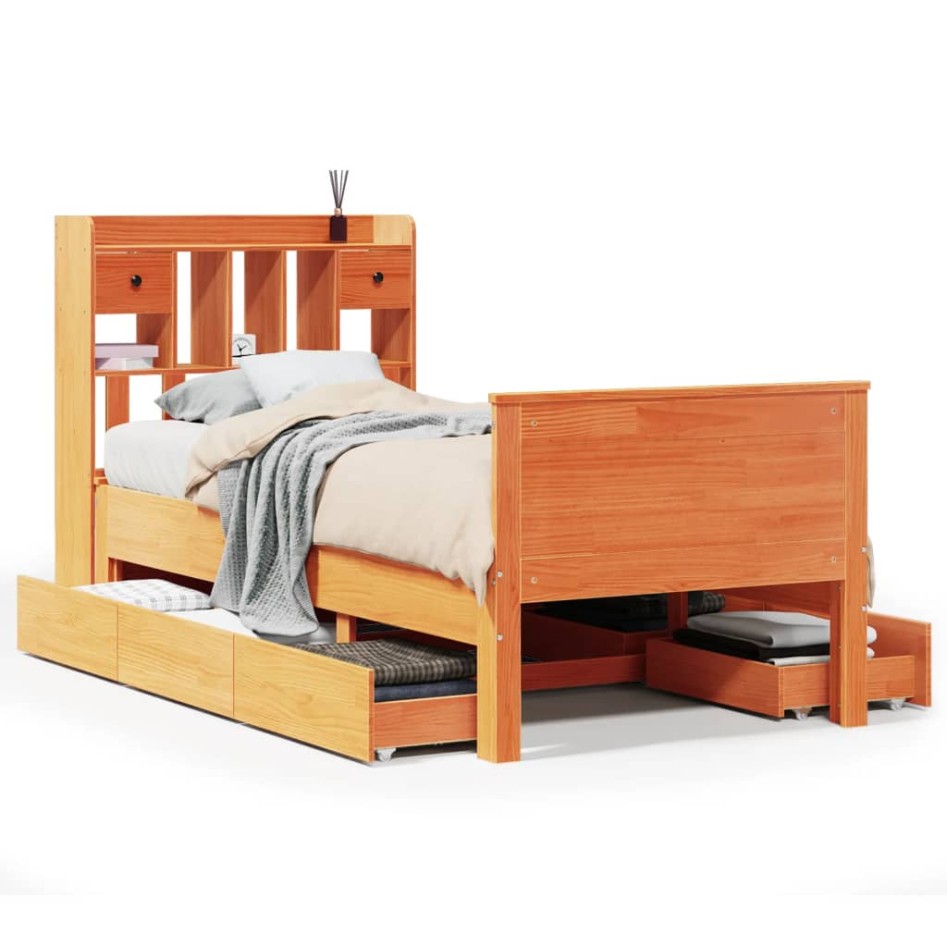 Cama con estantería sin colchón madera maciza marrón 100x200