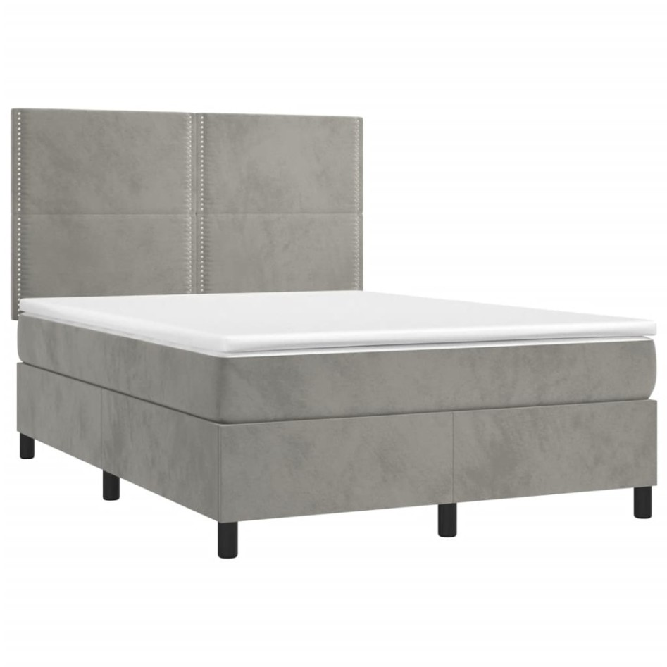 Cama box spring colchón y LED terciopelo gris claro 140x200