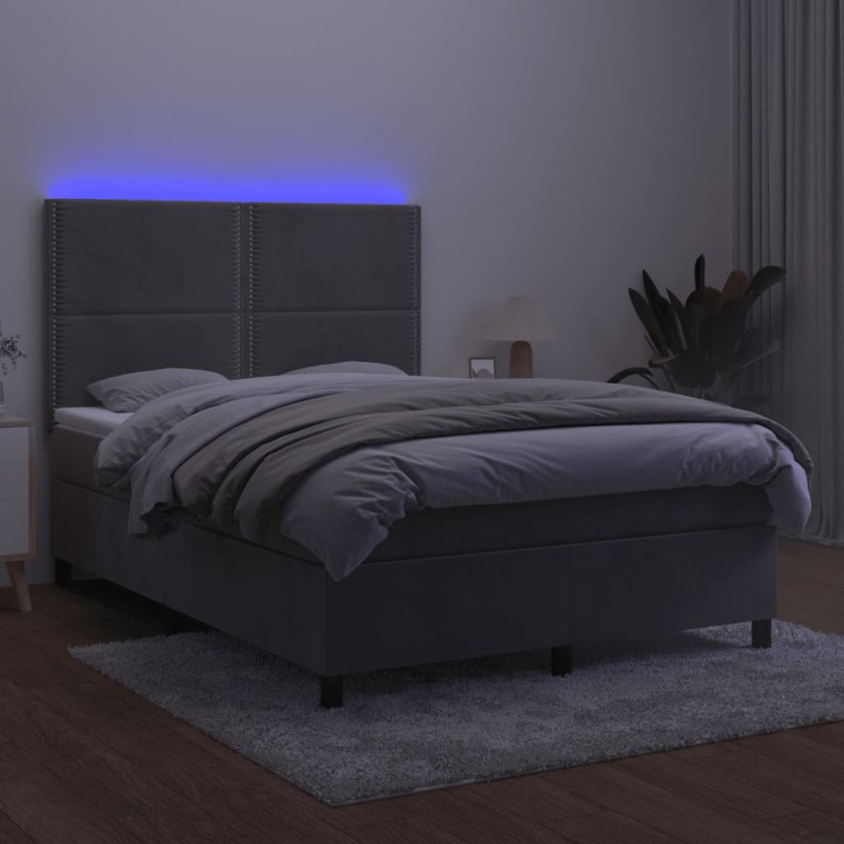 Cama box spring colchón y LED terciopelo gris claro 140x200