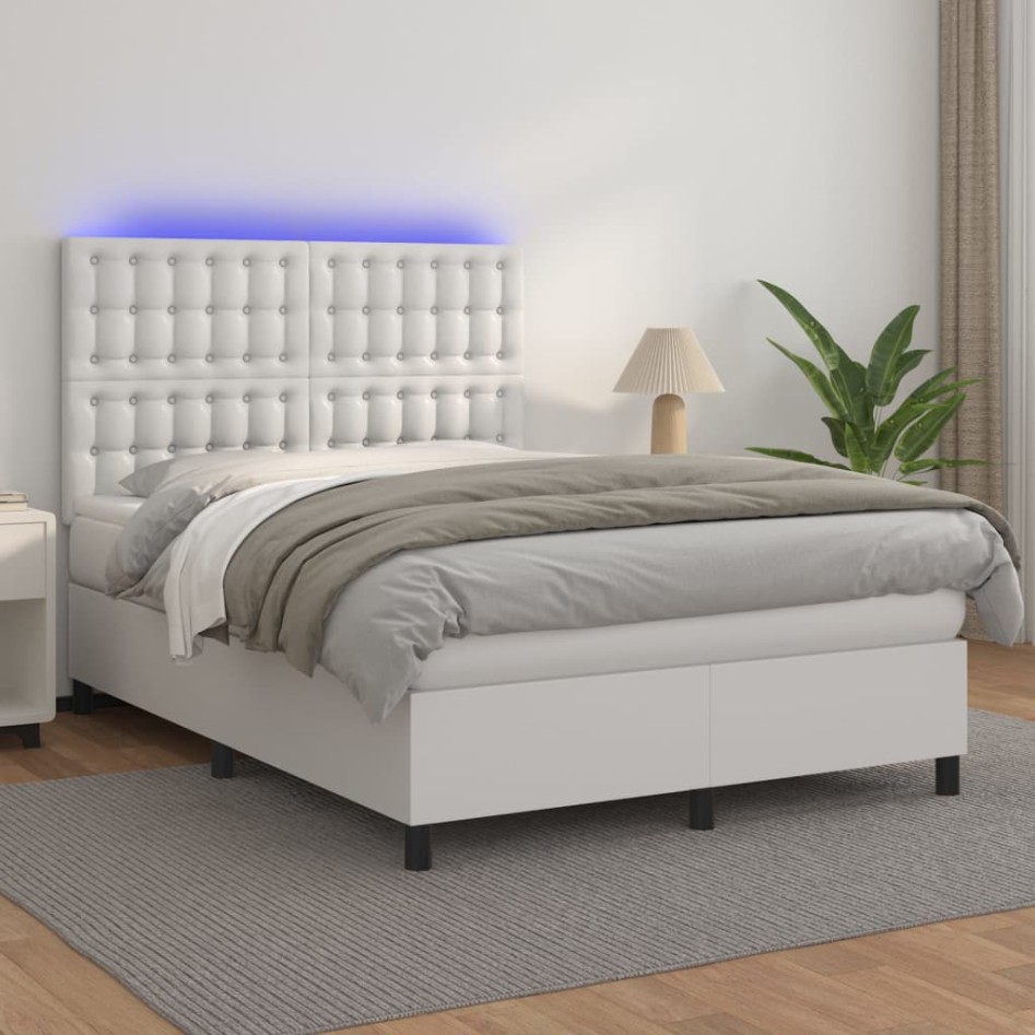 Cama box spring colchón y LED cuero sintético blanco 140x190