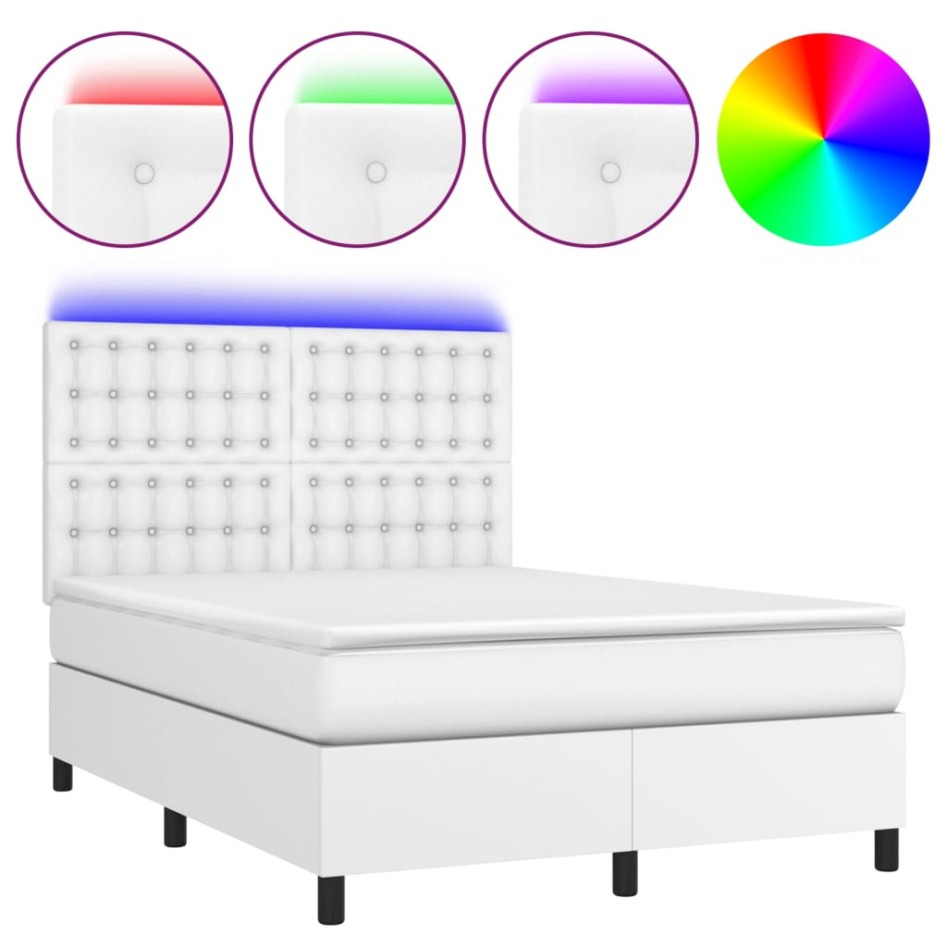 Cama box spring colchón y LED cuero sintético blanco 140x190