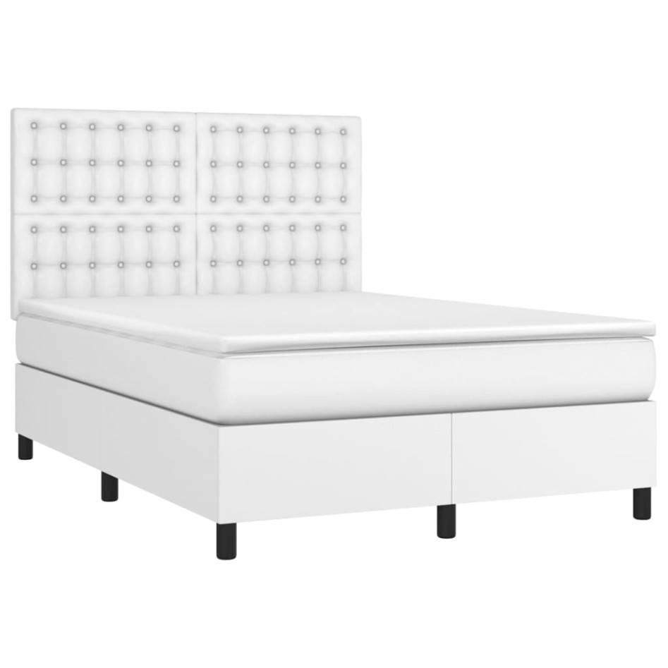 Cama box spring colchón y LED cuero sintético blanco 140x190