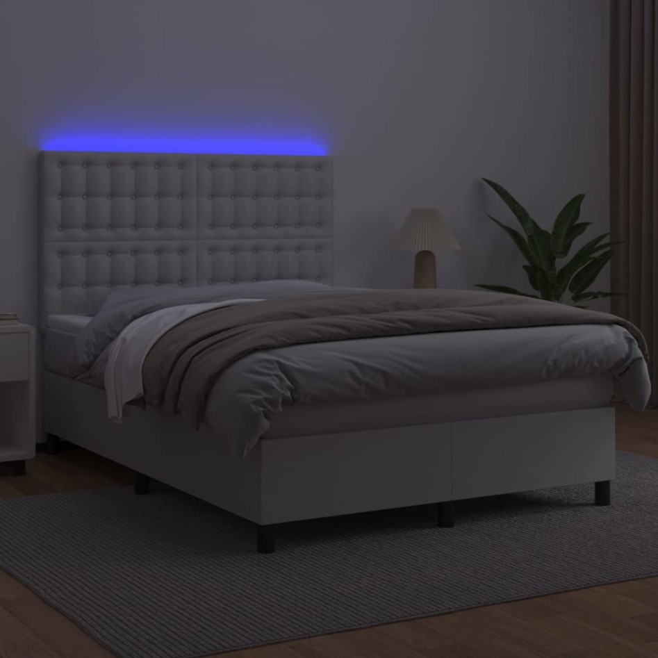 Cama box spring colchón y LED cuero sintético blanco 140x190