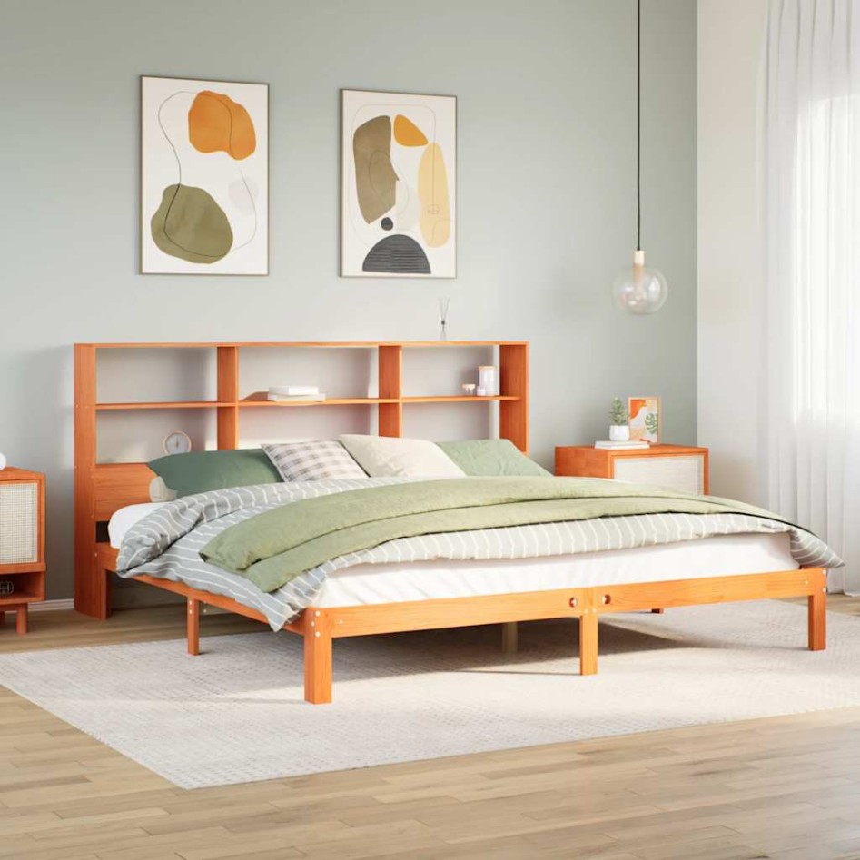Cama con estantería sin colchón madera maciza marrón
