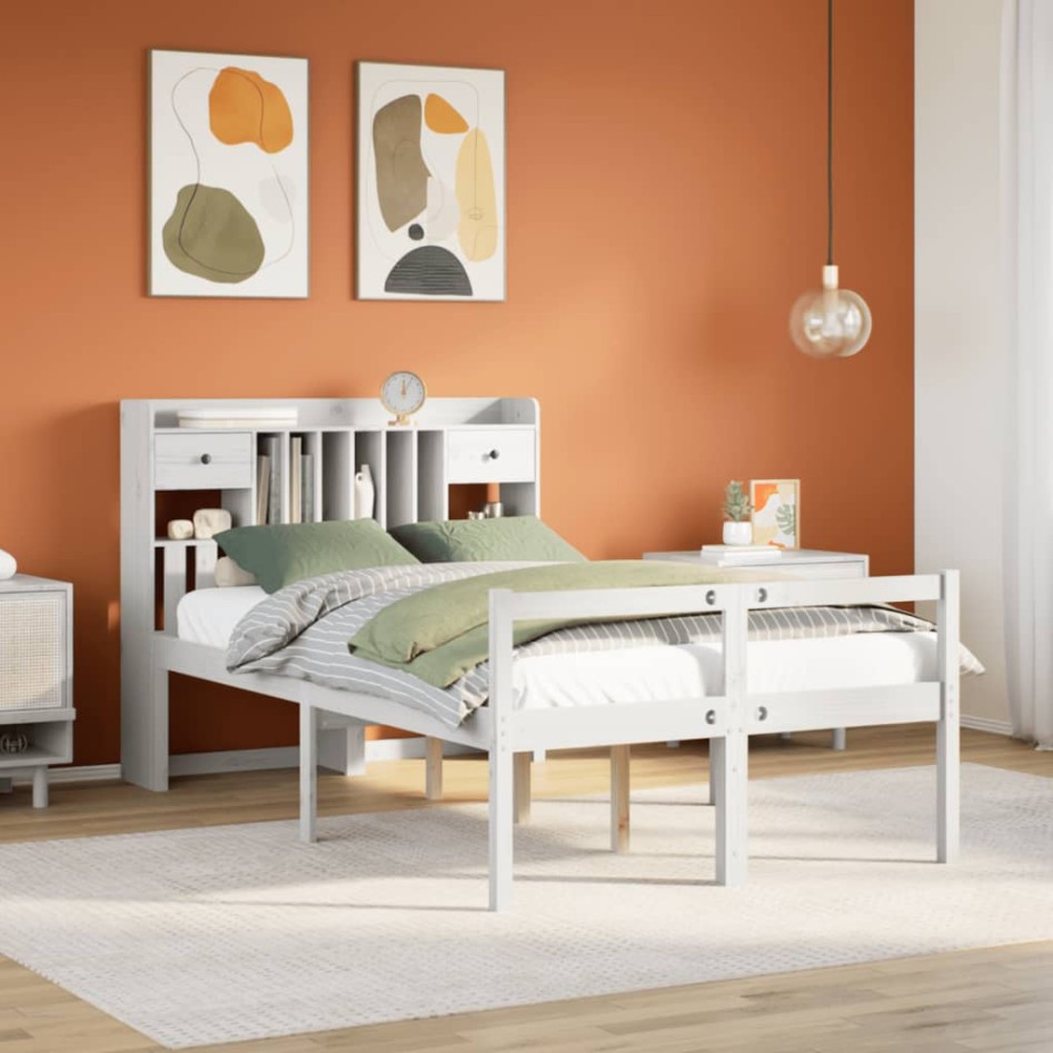 Cama con estantería sin colchón madera maciza blanca 135x190