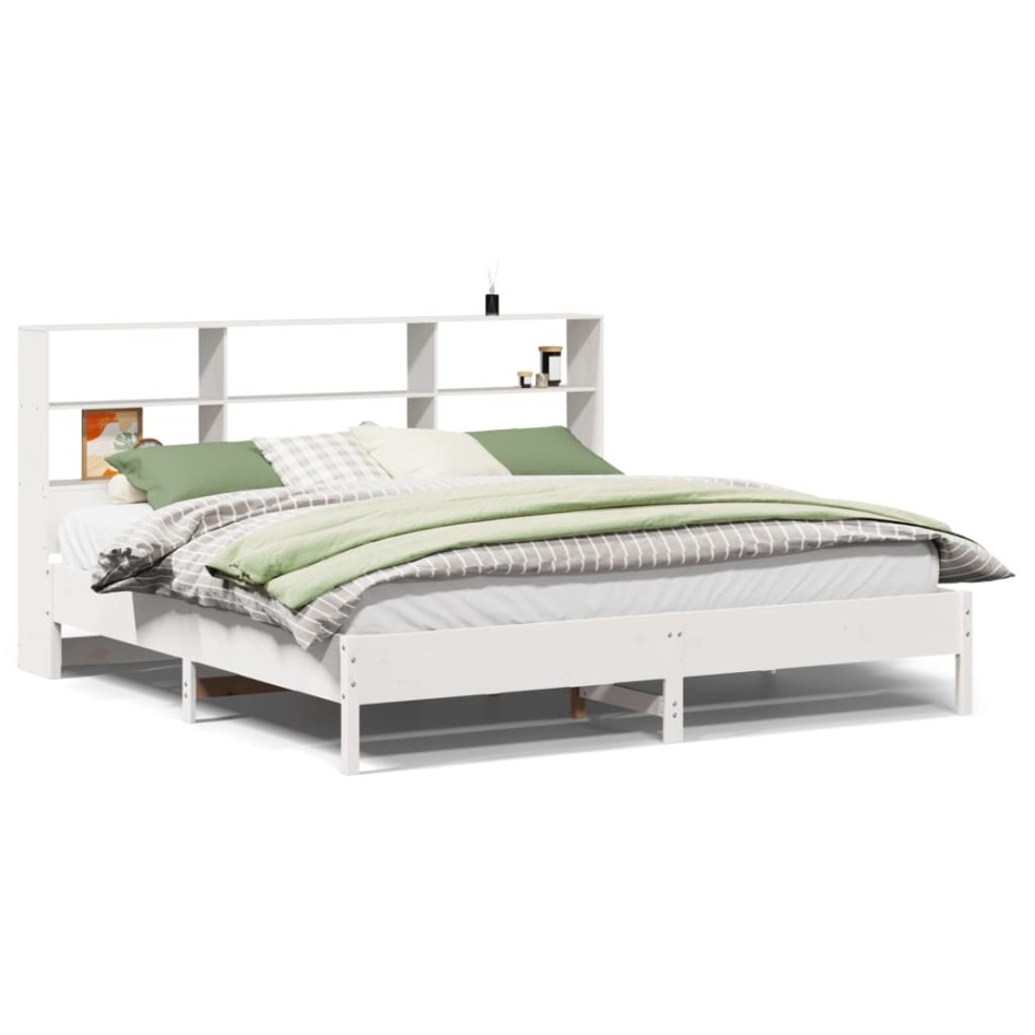 Cama con estantería sin colchón madera maciza blanca 200x200