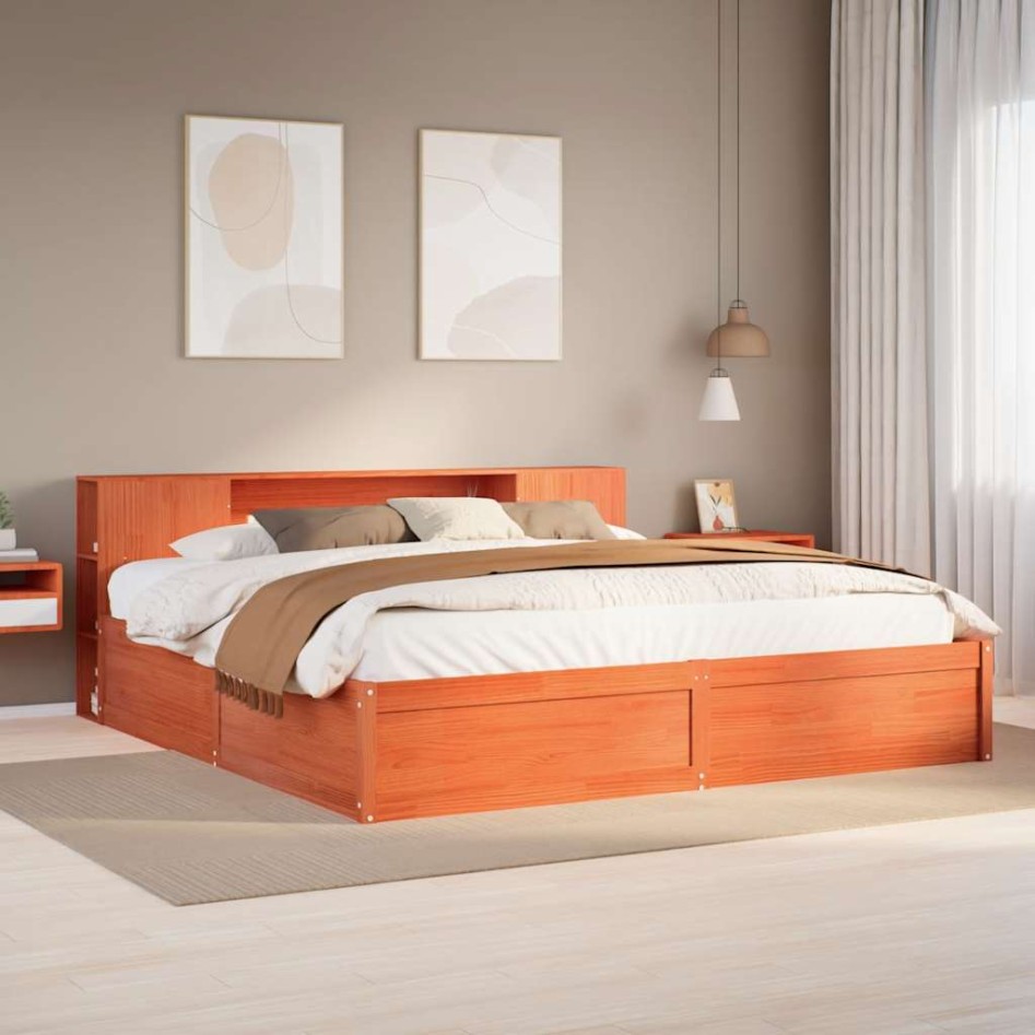 Cama sin colchón madera maciza de pino marrón cera 180x200