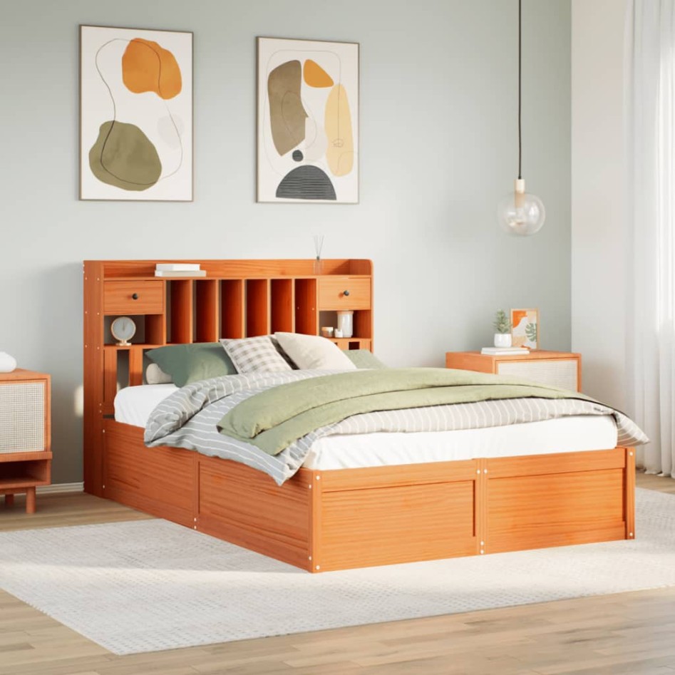 Cama sin colchón madera maciza de pino marrón cera 140x200