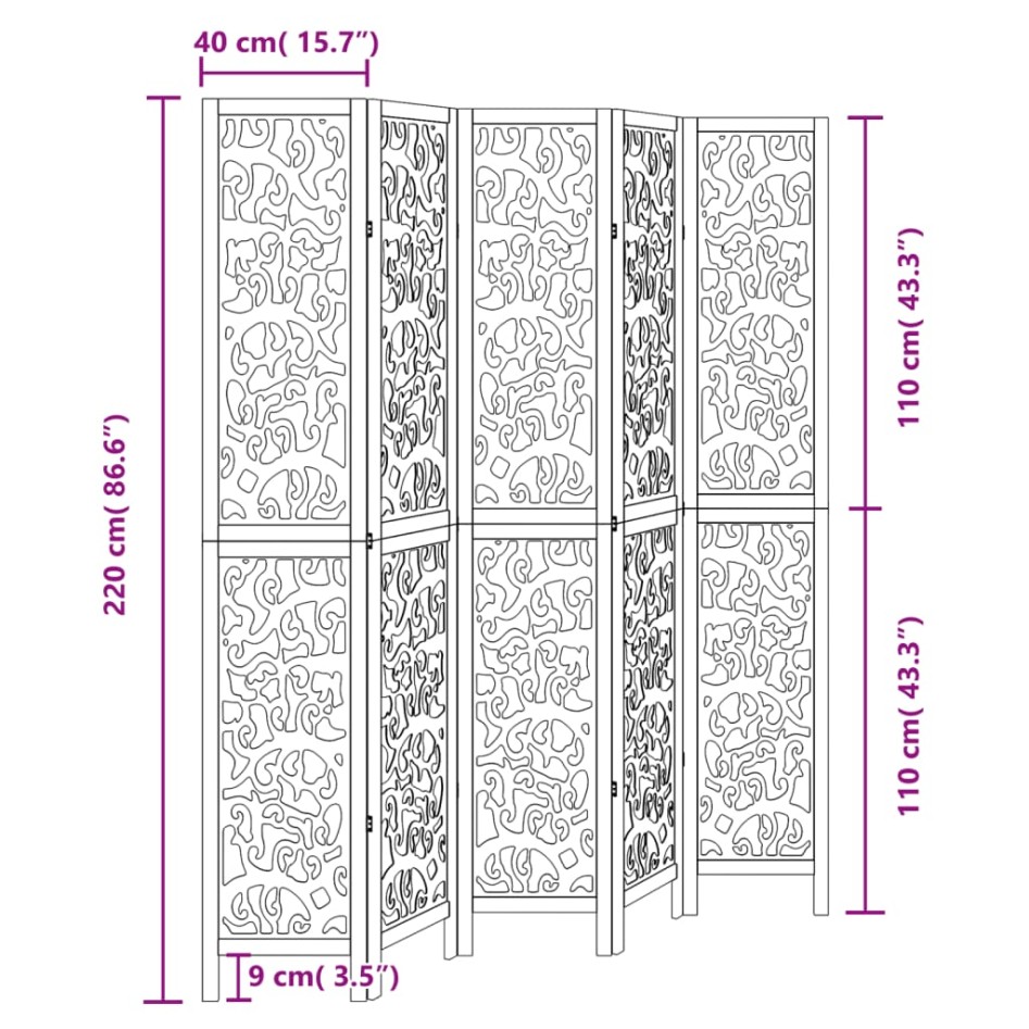 Biombo separador de 5 paneles madera maciza Paulownia