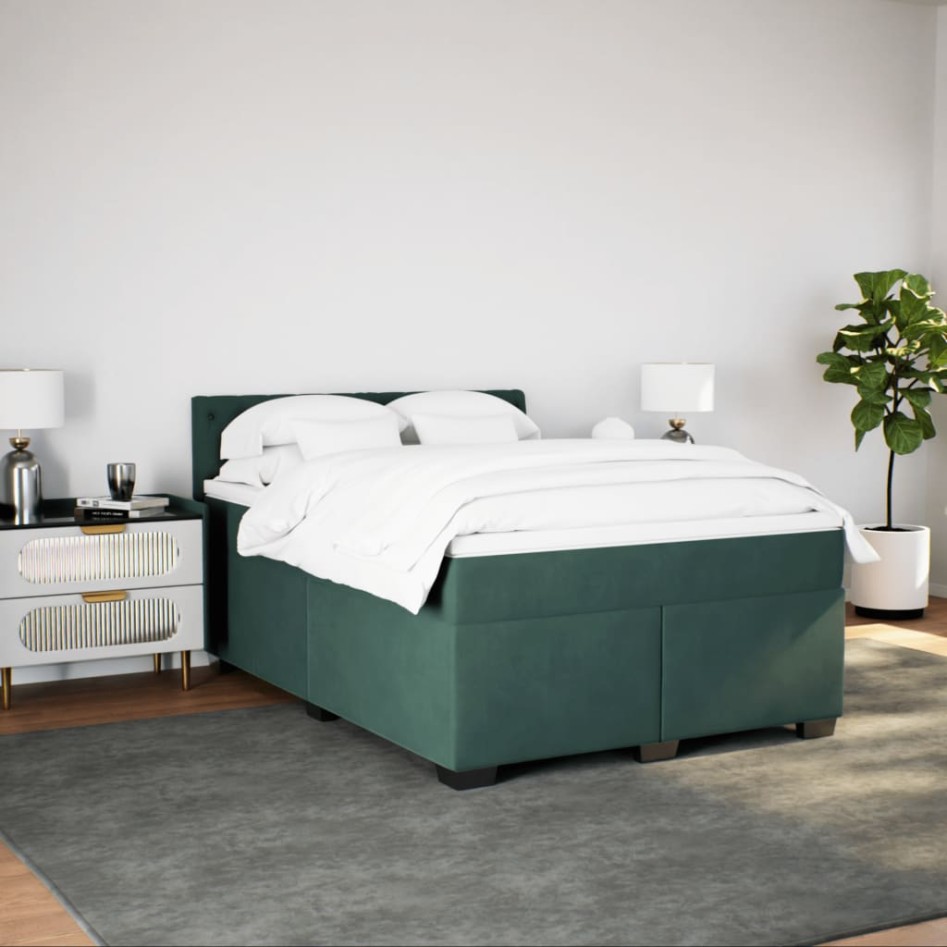 Cama box spring con colchón terciopelo verde oscuro 140x200