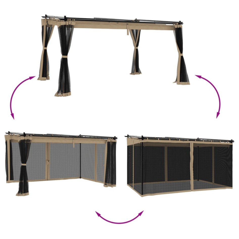 Cenador con paredes de malla acero taupe 4x3