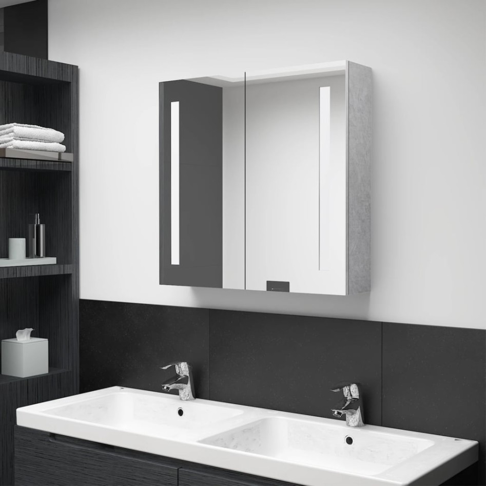 Armario de baño con espejo LED gris hormigón 62x14x60