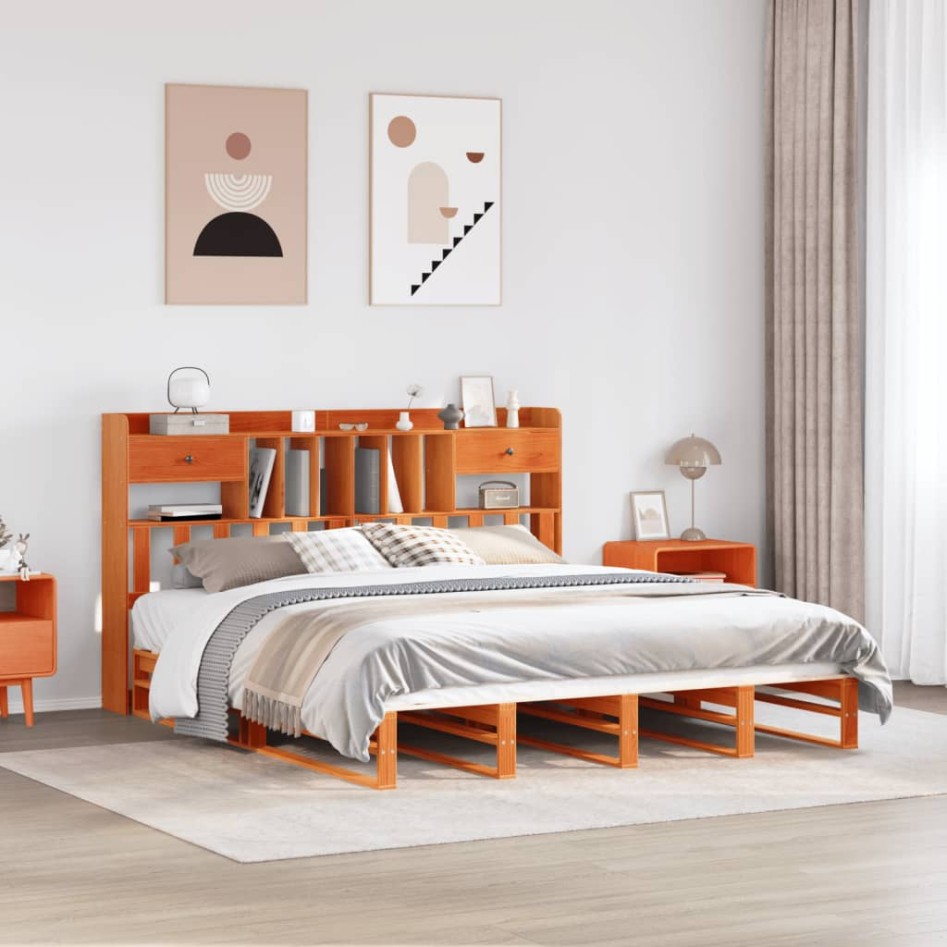 Cama con estantería sin colchón madera maciza marrón