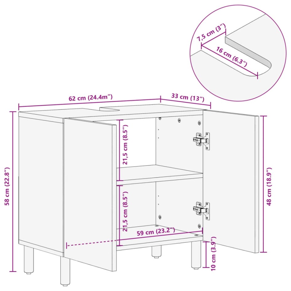 Armario de lavabo de baño madera ingeniería negro 62x33x58