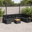 Set de sofás de jardín con cojines 9 pzas ratán sintético negro