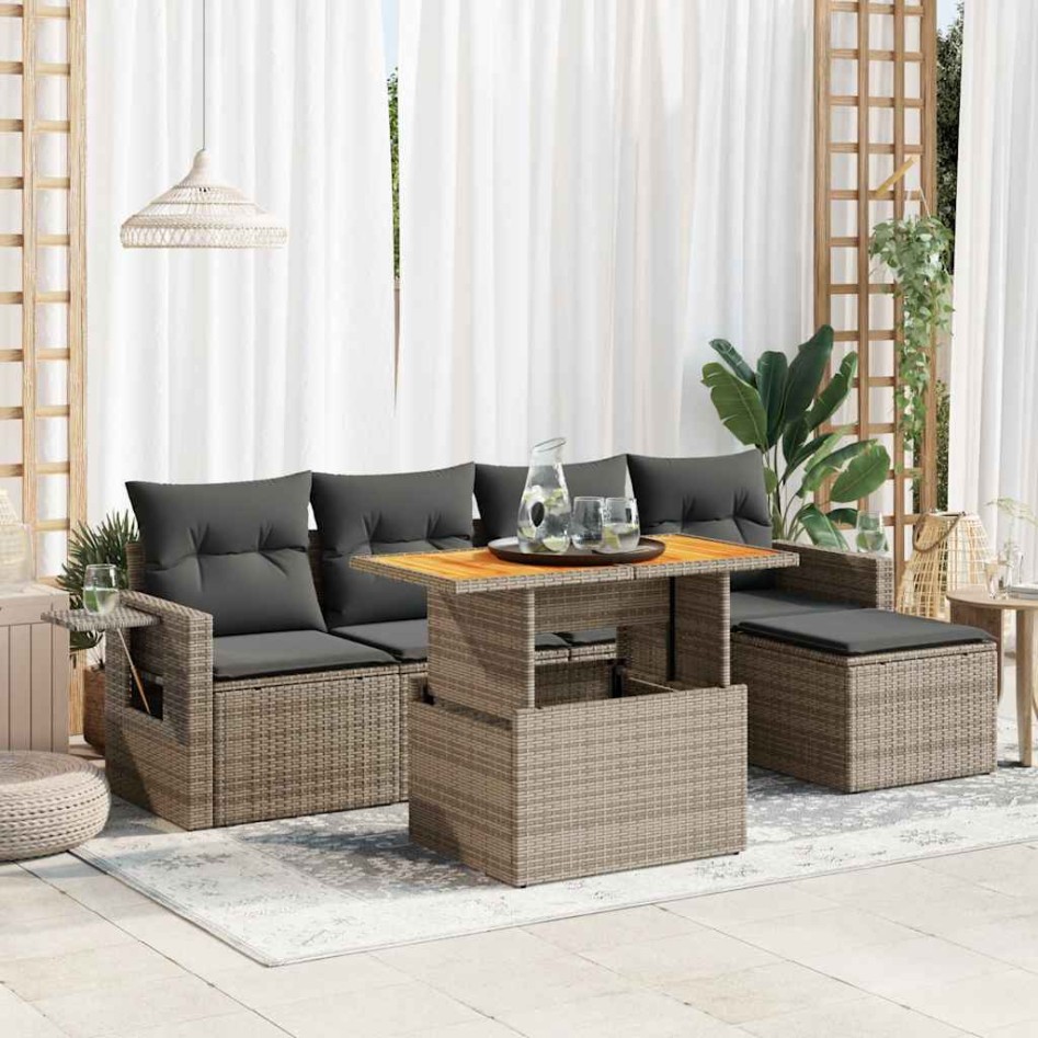 Set de muebles de jardín 6 pzas y cojines ratán sintético