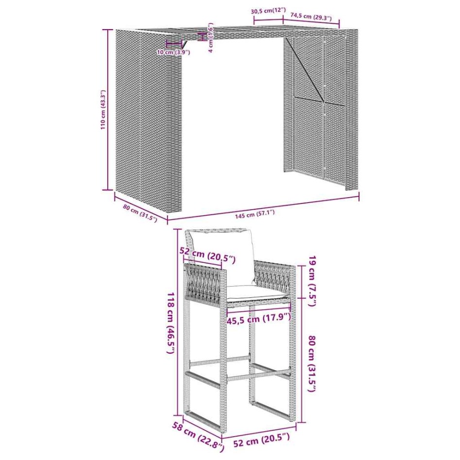 Set bar jardín con cojines 5 pzas ratán sintético acacia