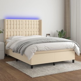 Cama box spring colchón y luces LED tela crema 140x200