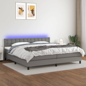Cama box spring colchón y luces LED tela gris claro 200x200