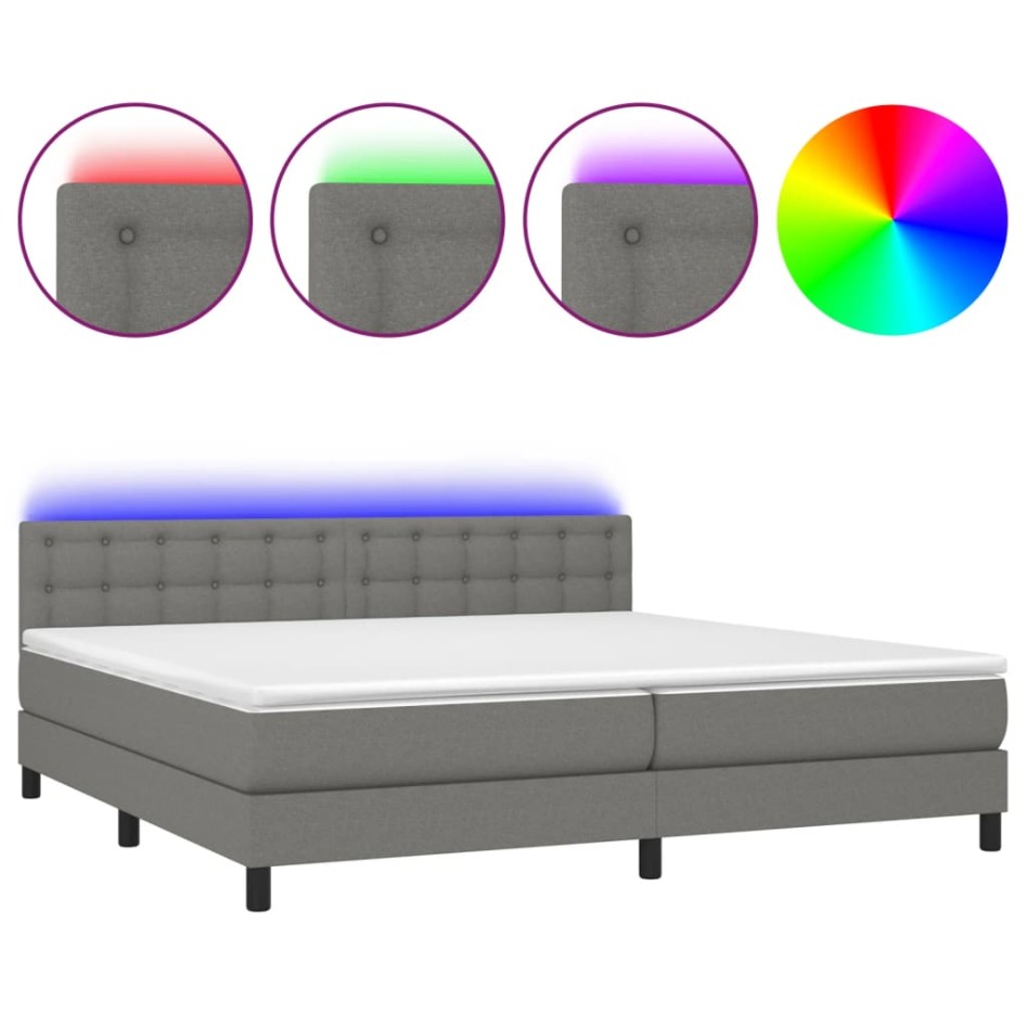 Cama box spring colchón y luces LED tela gris claro 200x200