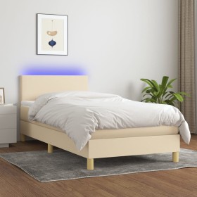 Cama box spring colchón y luces LED tela crema 80x200