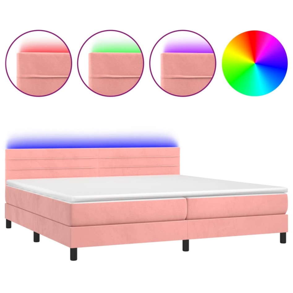 Cama box spring colchón y LED terciopelo rosa 200x200