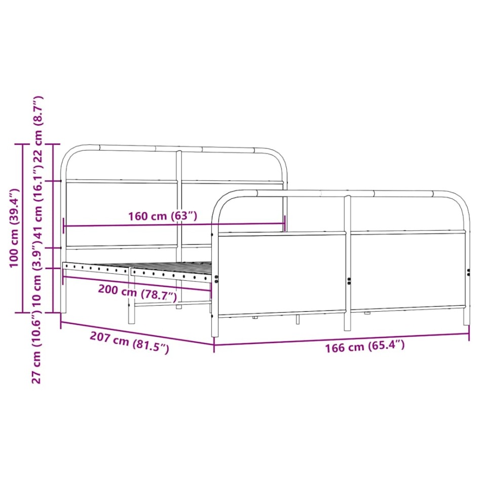Estructura de cama sin colchón metal roble Sonoma 160x200