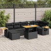 Set sofás jardín y cojines 8 pzas ratán sintético acacia negro