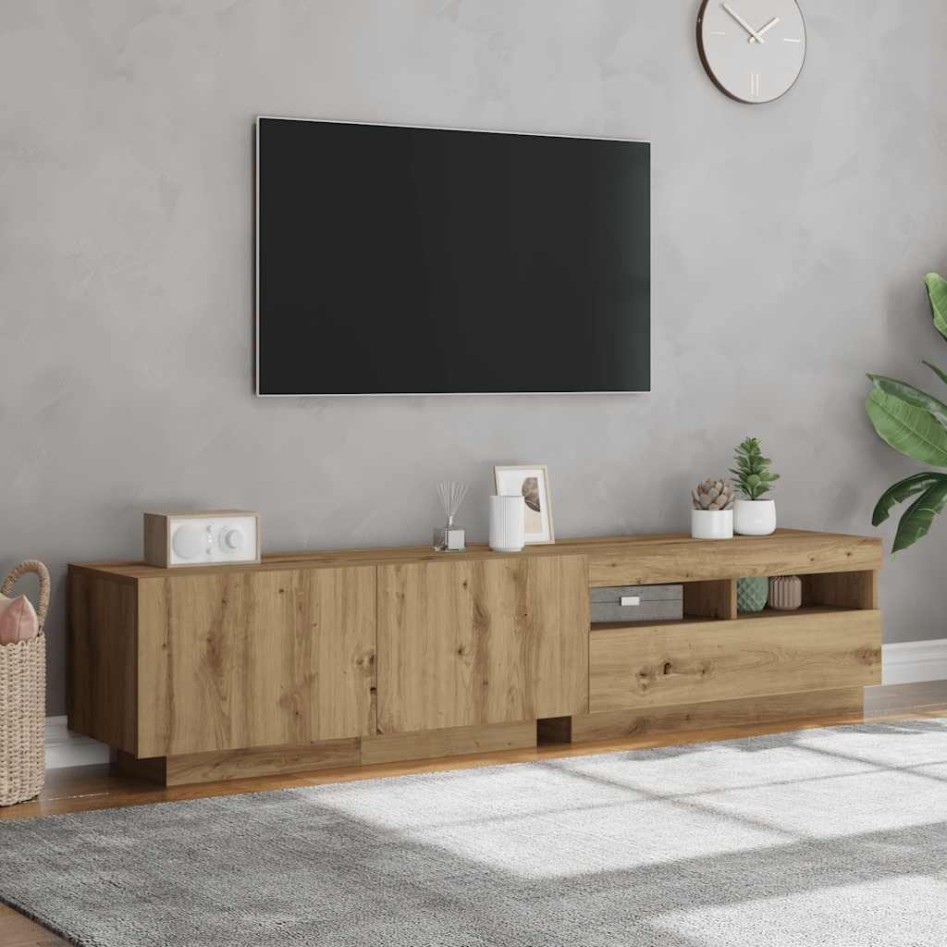 Mueble de TV luces LED madera roble artisan 180x35x40