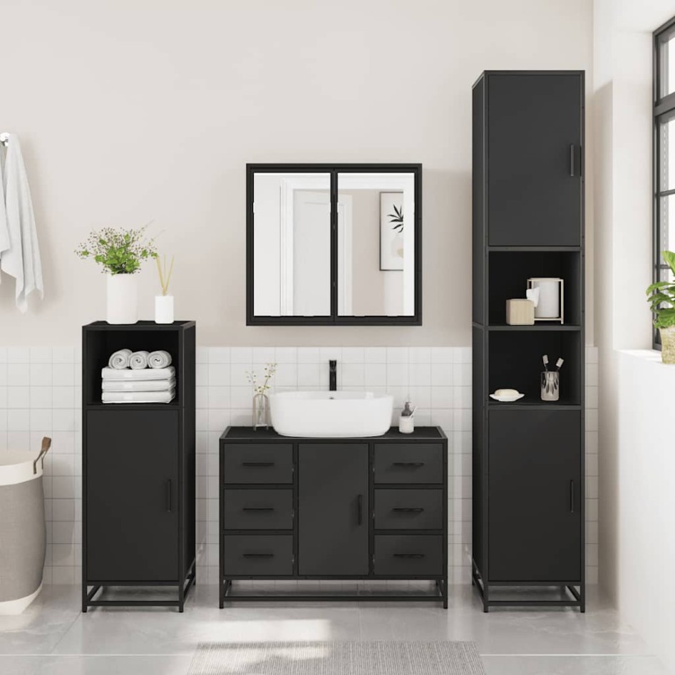 Armario de lavabo de baño madera ingeniería negro 80x33x60