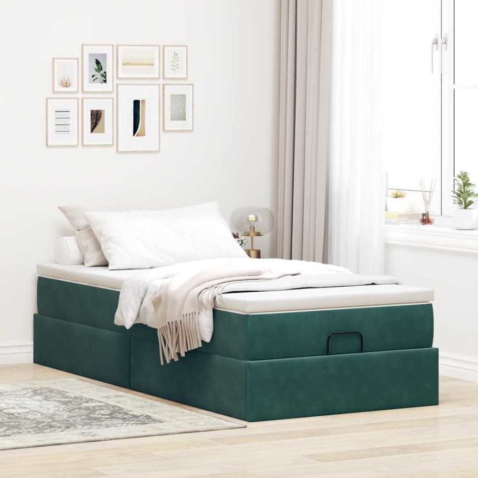 Estructura de cama otomana con colchón terciopelo verde