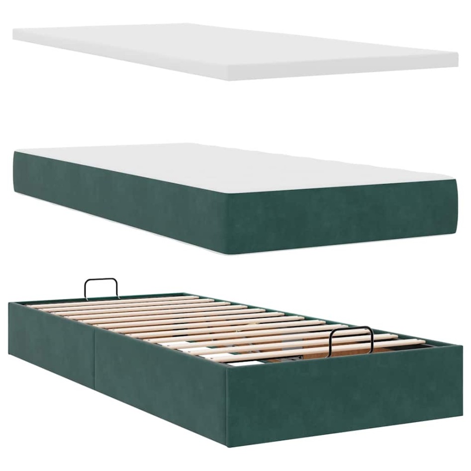 Estructura de cama otomana con colchón terciopelo verde