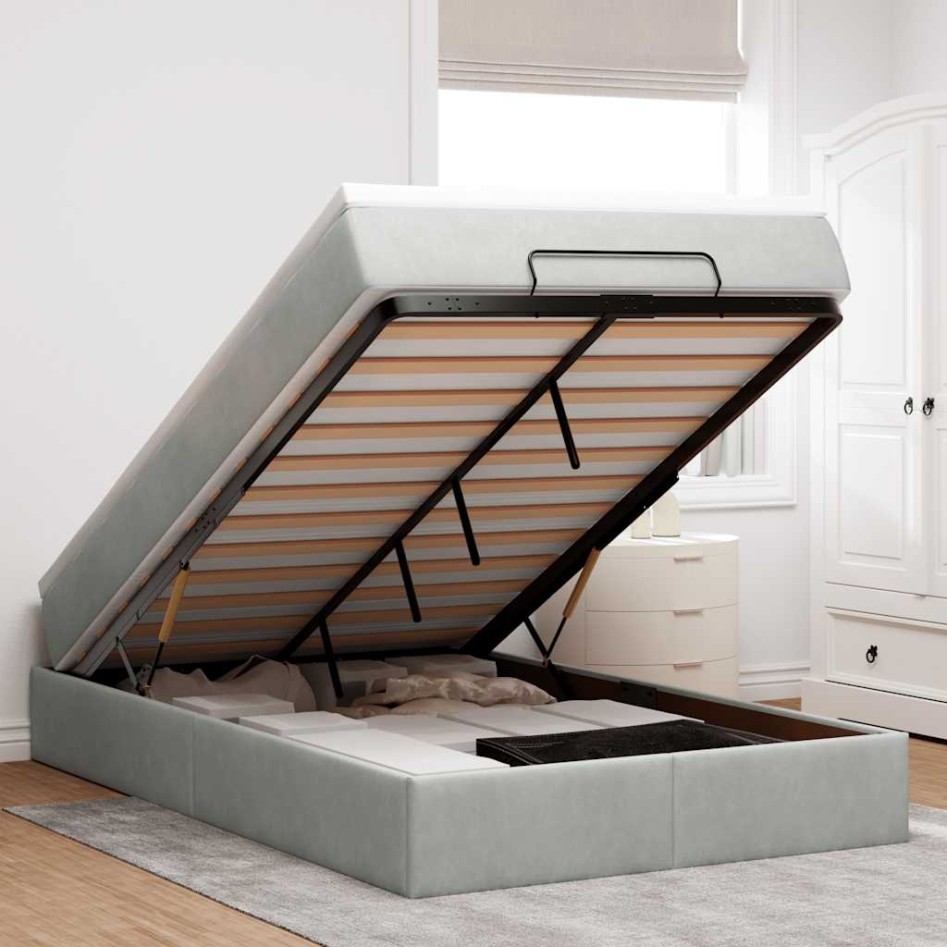 Estructura cama otomana colchón terciopelo gris claro