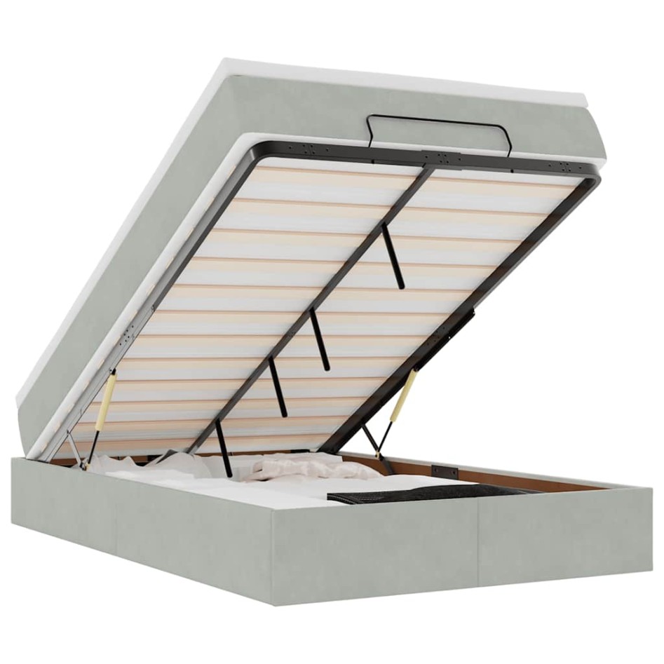 Estructura cama otomana colchón terciopelo gris claro