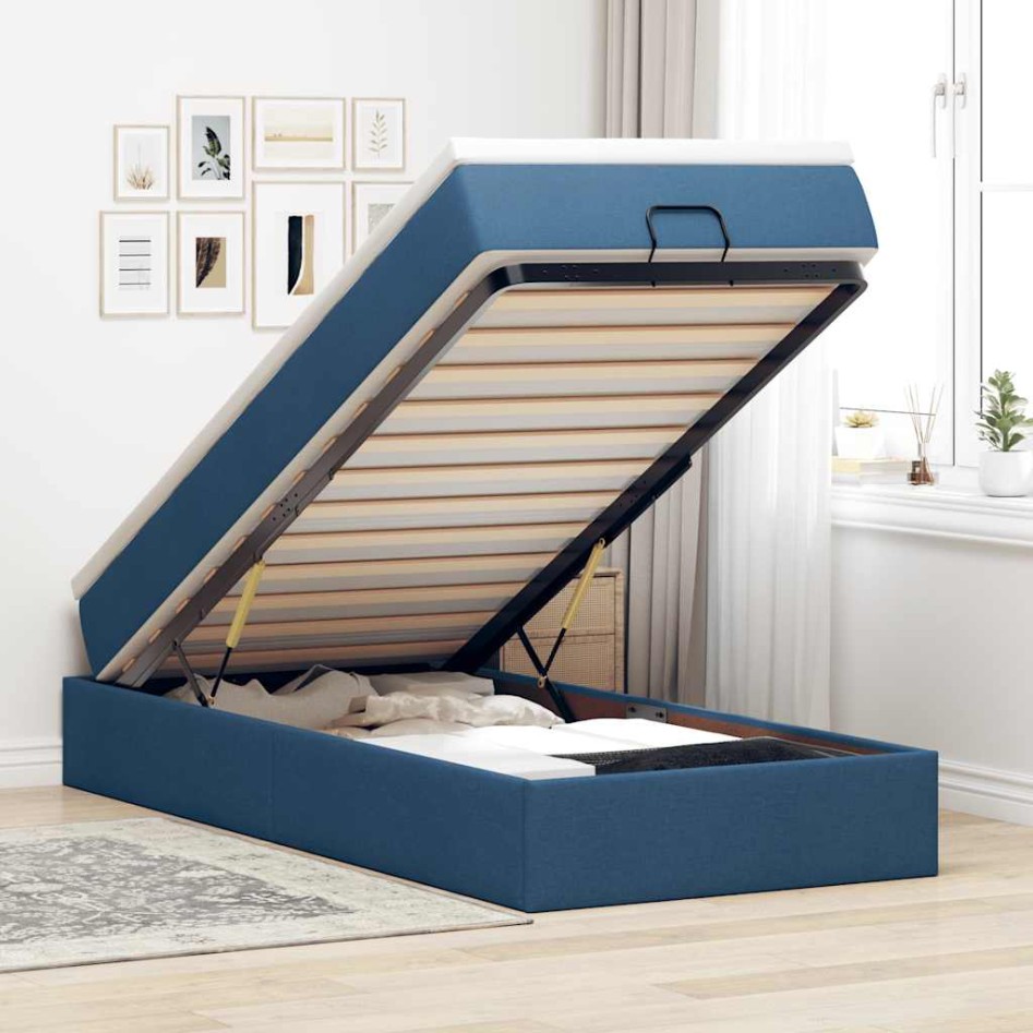 Estructura de cama otomana con colchón tela azul