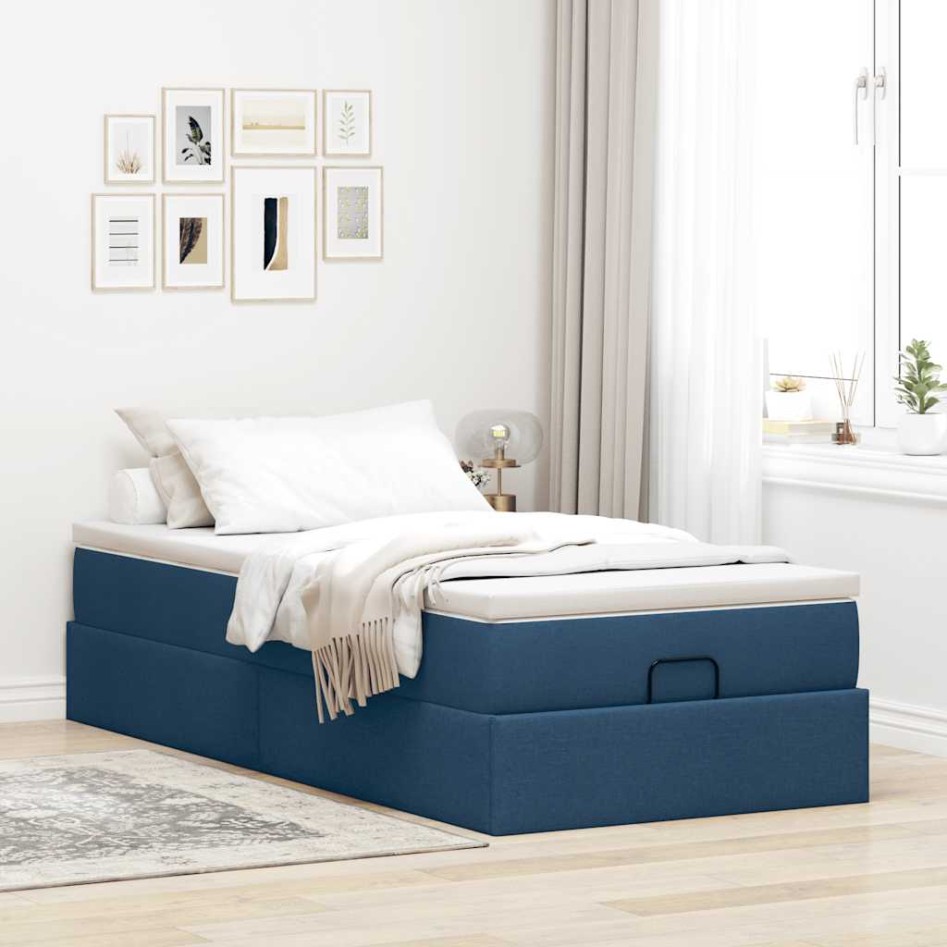 Estructura de cama otomana con colchón tela azul