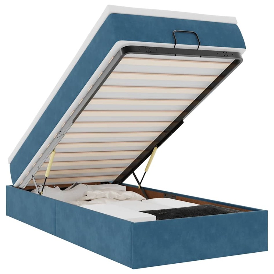 Estructura de cama otomana colchón terciopelo azul