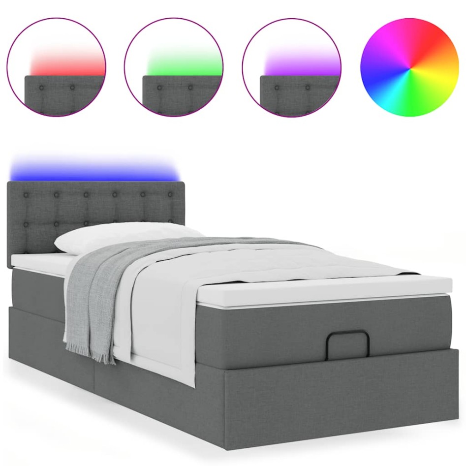 Cama otomana con colchón y LED tela gris oscuro 90x200