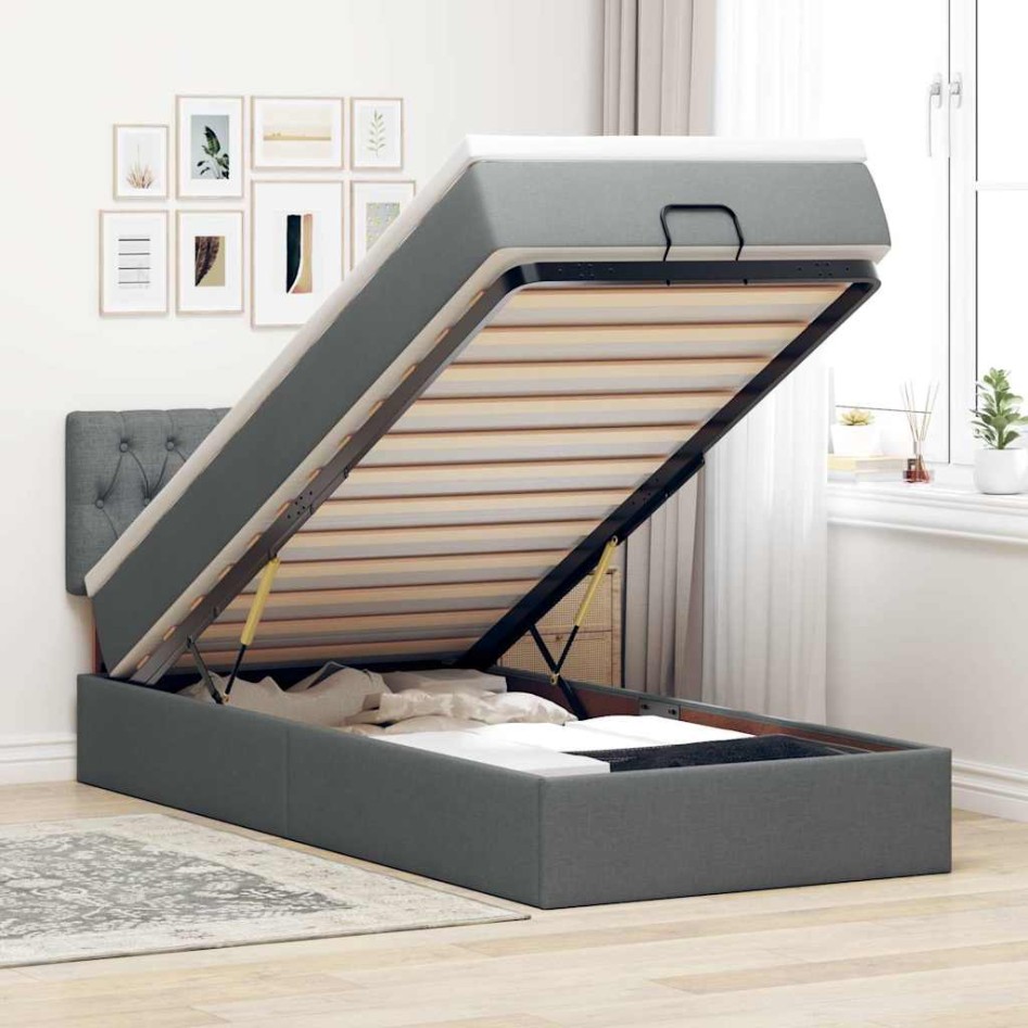 Cama otomana con colchón y LED tela gris oscuro 90x200