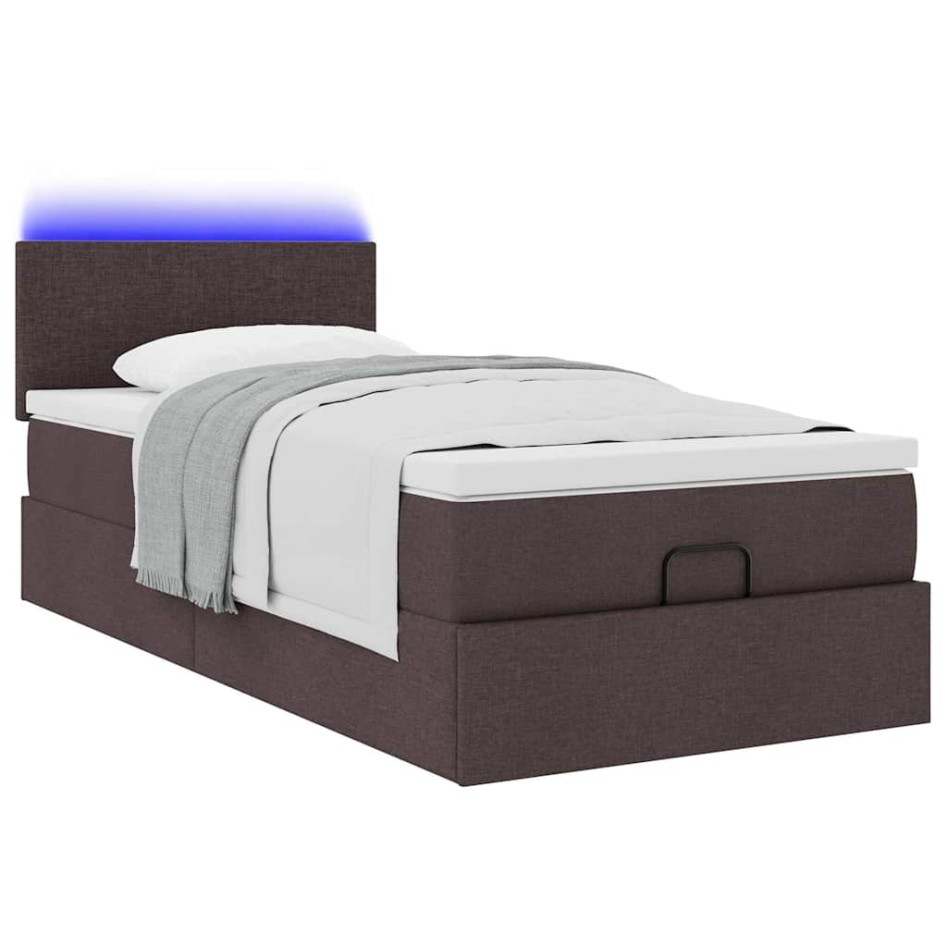 Cama otomana con colchón y LED tela marrón oscuro 90x200