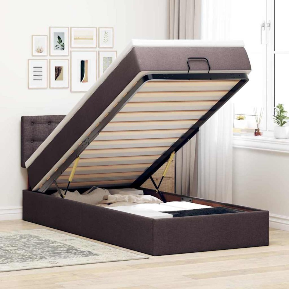 Cama otomana con colchón y LED tela marrón oscuro 90x200