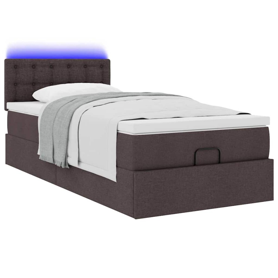 Cama otomana con colchón y LED tela marrón oscuro 90x200