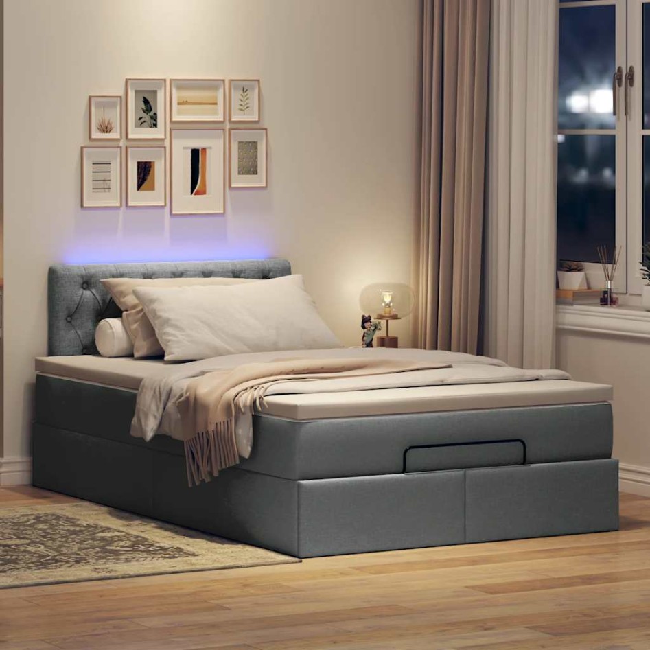 Cama otomana con colchón y LED tela gris oscuro 120x200