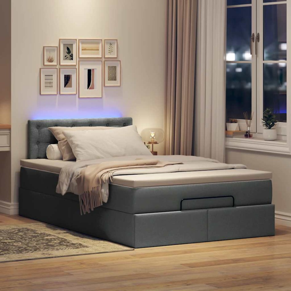 Cama otomana con colchón y LED tela gris oscuro 120x200