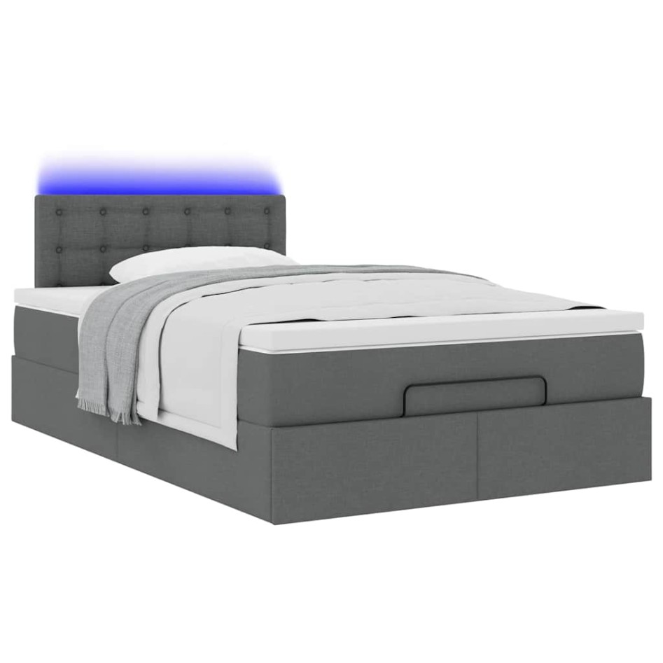 Cama otomana con colchón y LED tela gris oscuro 120x200